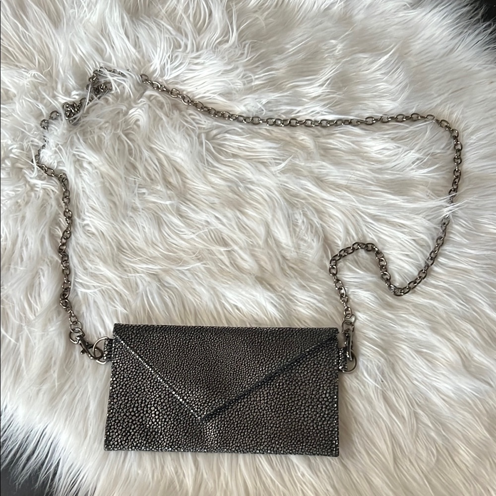Beltini black and pewter silver crossbody belt bag with chain strap
